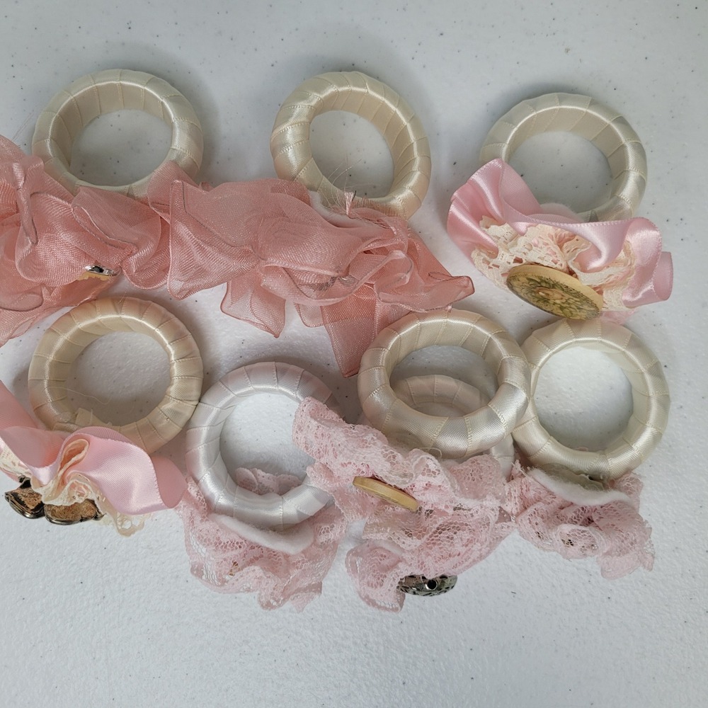 Shabby Chic Pink Floral Lace Napkin Rings Set of 8 Assorted Ribbon Flowers - Picture 3 of 7
